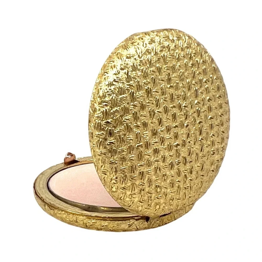 Vintage 60s Love-Pat Pressed Powder Compact Gold Basket Weave‎ Transparent No. 2